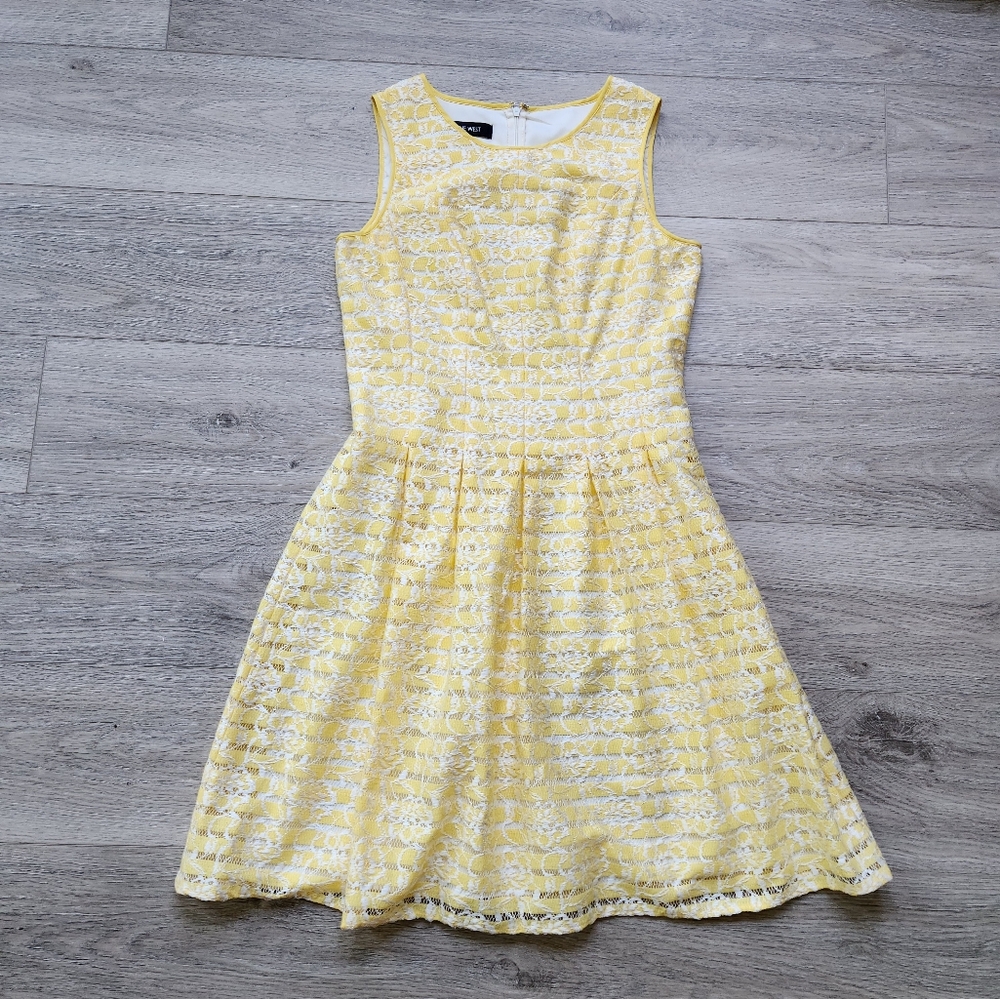 Nine West Yellow Lace Floral Dress Womens 4 Sleeveless Striped Fit and Flare